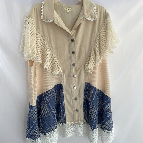 POL Bohemian Lacy White Blue Patchwork Dress Tunic Top NWOT Women's Size Large - Picture 9 of 15